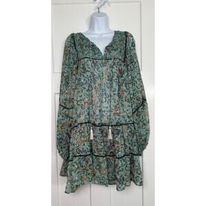 Free People Green Floral Metallic Ruffle Tiered Mini Dress Size MEDIUM